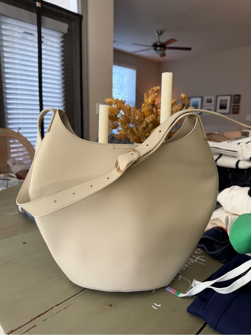 Anthropologie Sculpted Cream Leather Hobo with Gold Buckle